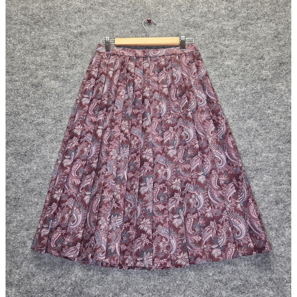Vintage Skirt Womens 14 Purple Paisley Pleated Full Midi Twill Zip USA 80s